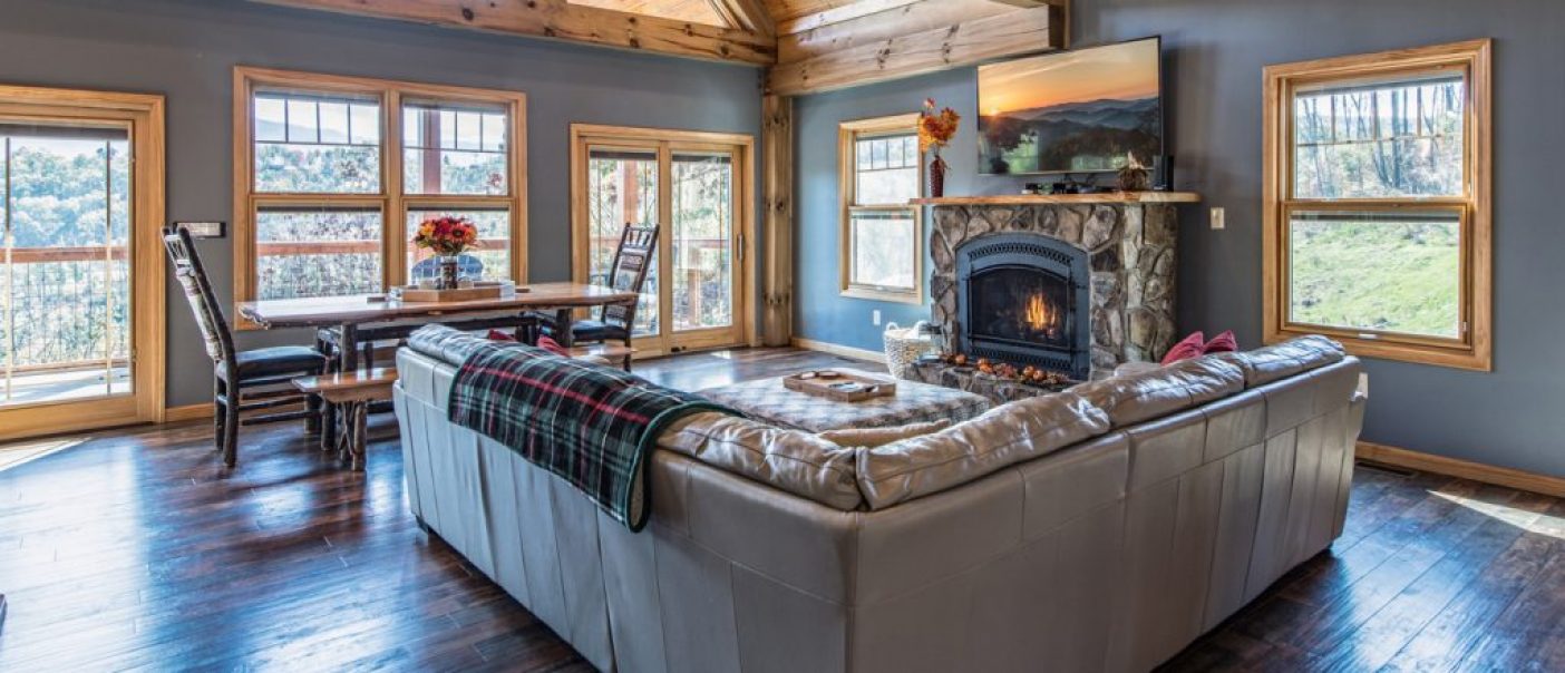 FiveBearsDen 1404x604-3 Open the door to this beautiful 4 Bedroom 3.5 Bath log home with spectacular views of the Smoky Mountains